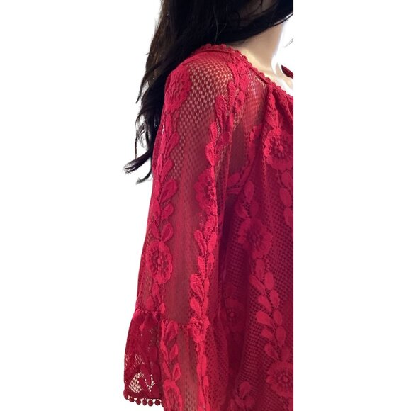 Womens Bell Sleeve Floral Lace Blouse Size PL Red Holiday Boho Romantic - Picture 4 of 5